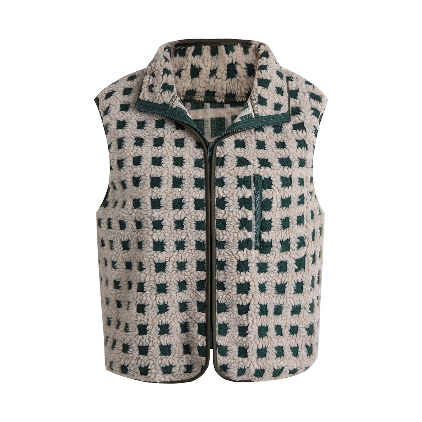 Faux Fur Vest Sleeveless Stand Collar Zip Up Vest Jacket with Pockets