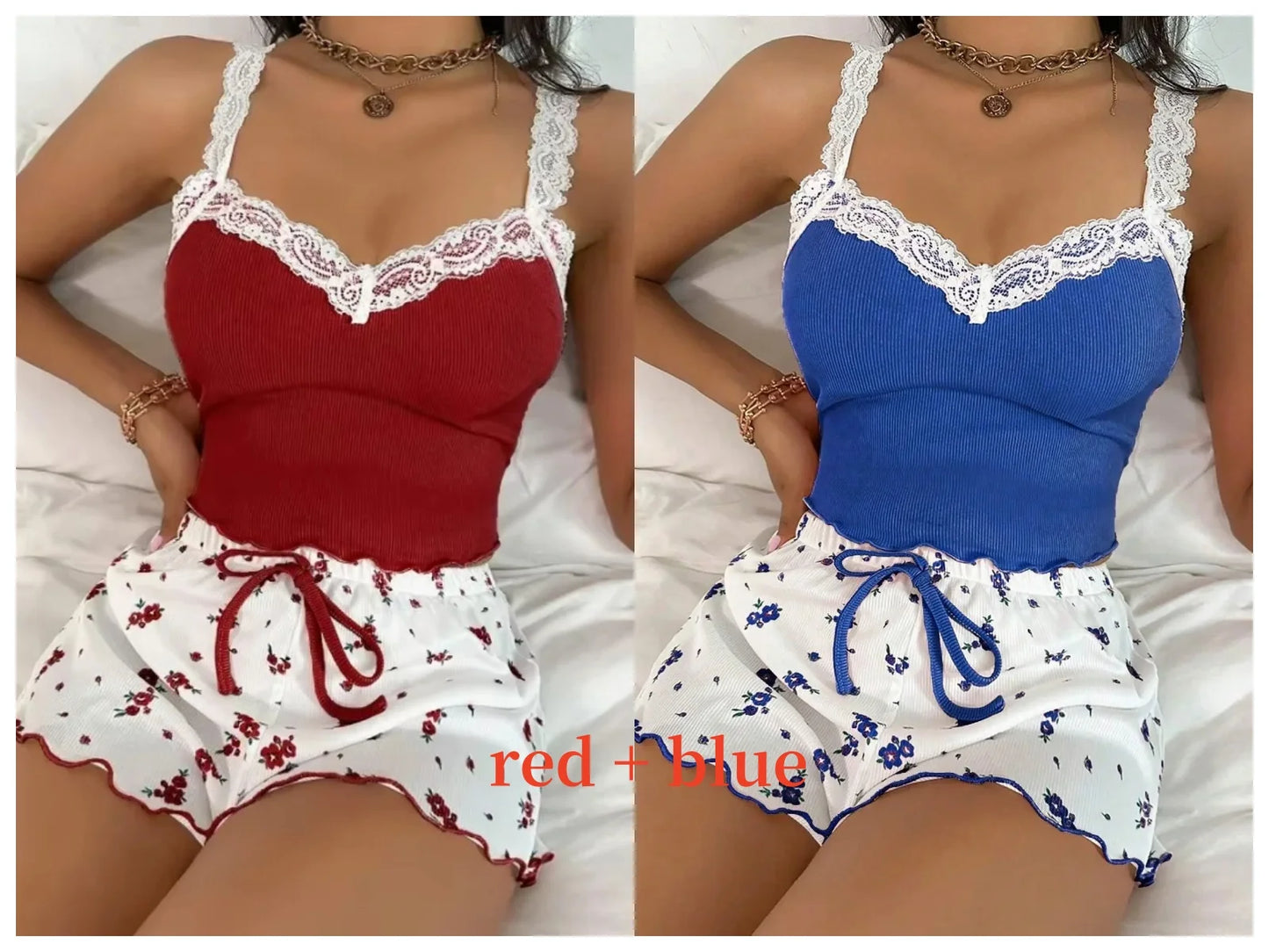 Women 2pc Pajama Set Pink Lace Patchwork V-Neck Sleepwear Sexy Nighties Suit Cami Top Printed Shorts