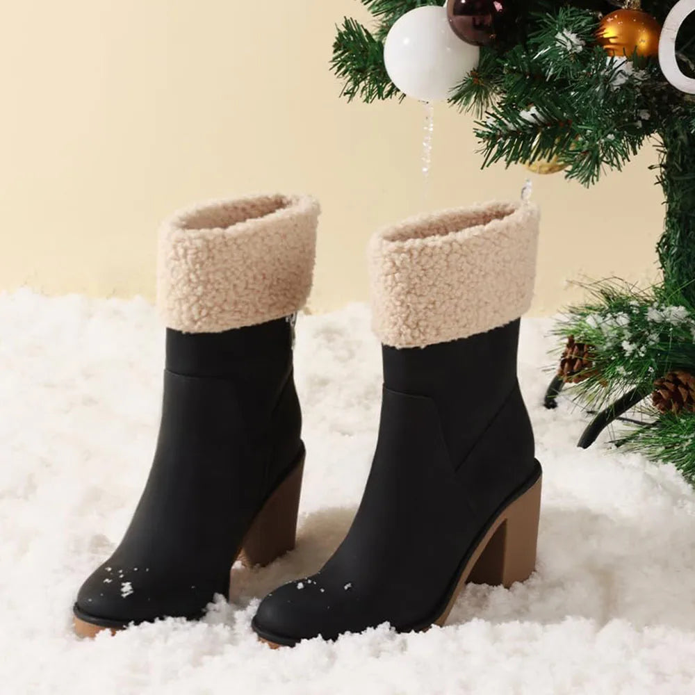 Boots Comfortable Side Zipper Mid Chunky Heel Suede Warm Fur Snow Ankle Boot