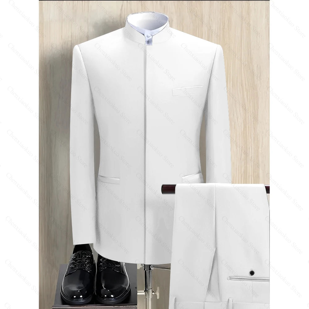 Fashion Solid Men Suits 2 Piece Stand Collar Long Sleeves Formal Outfits Chic Business Casual Wedding Tuxedo (Blazer+Pants)