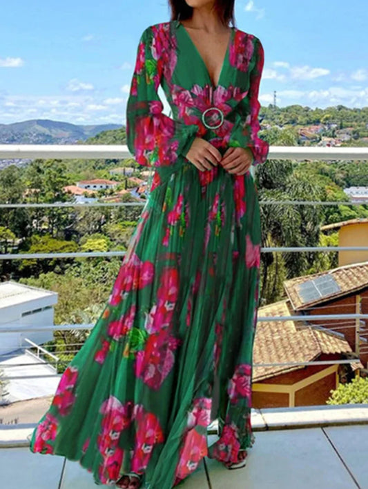 Vintage Floral Print Elegant Dress Puff Sleeve V-Neck Slim Boho Casual Cutout Spring Plus Size Long Dresses for Women