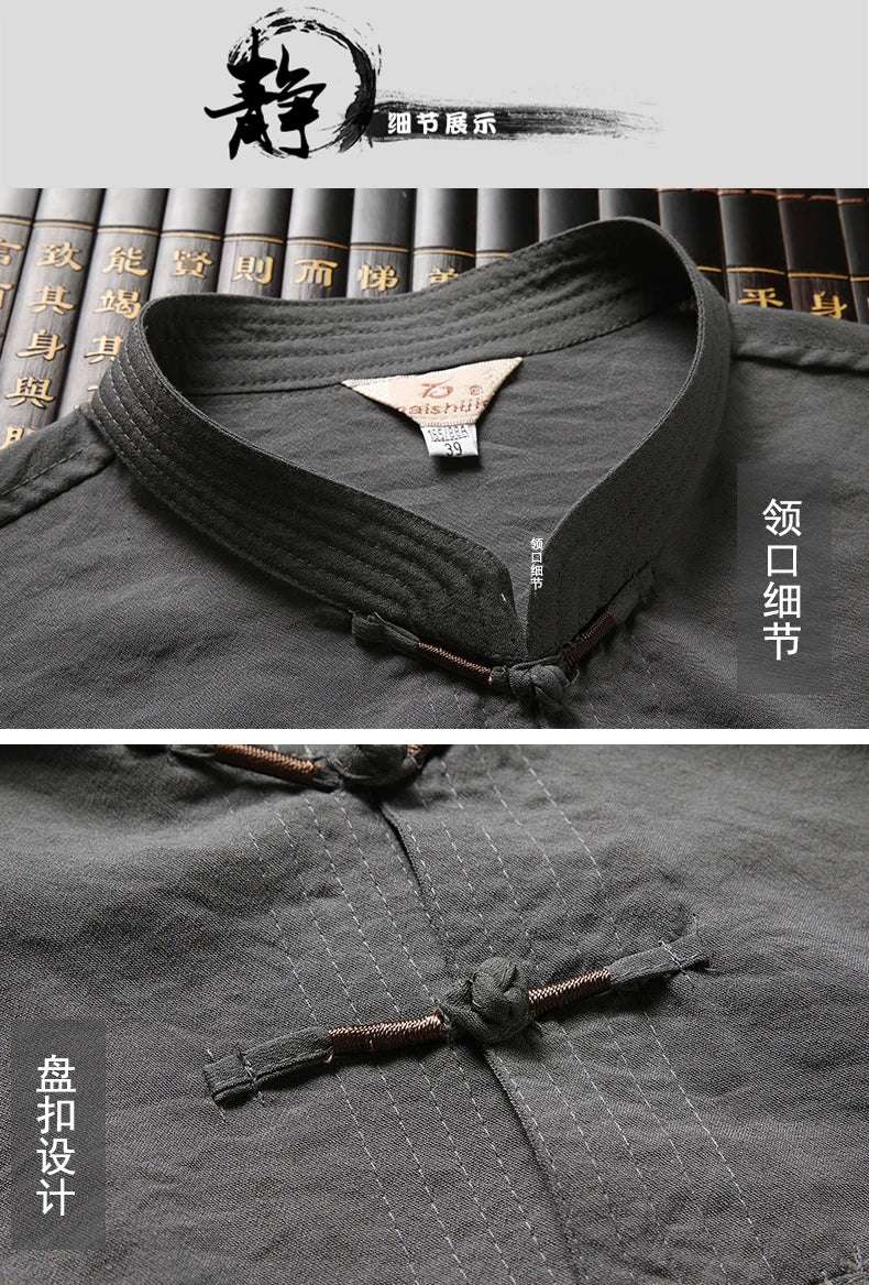 Chinese Traditional Clothing Set Man Fall Linen Buckle Shirt Oriental Retro Top Pants Tai Chi Breathable Uniforms