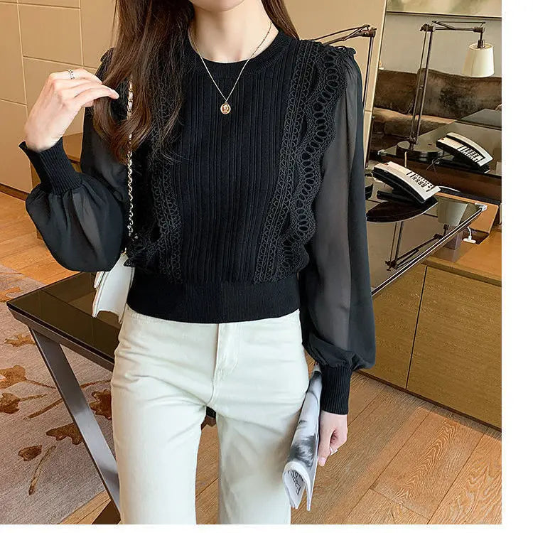 Solid Round Neck Pullover  Bubble Sleeve Loose Chiffon Tops