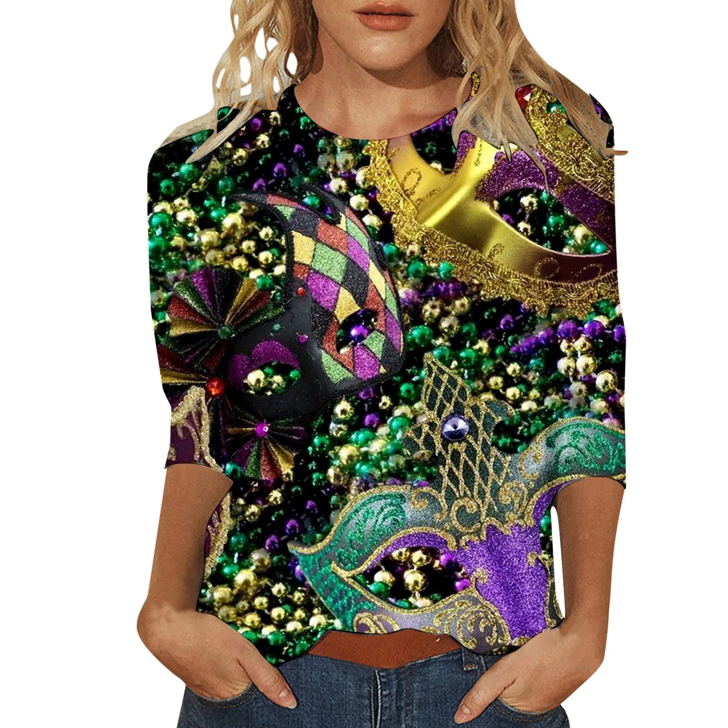 Carnival Printed Women Casual T-Shirts Spring Summer 3/4 Sleeve Round Neck Mardi Gras Clothing Plus Size Festival Party Tees Top