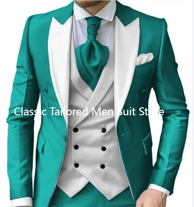 Elegant Wedding 3 Piece Jacket Pants Vest Full Set Luxury Single Breasted Peak Lapel  Male Clothing Men's Suits Blazer