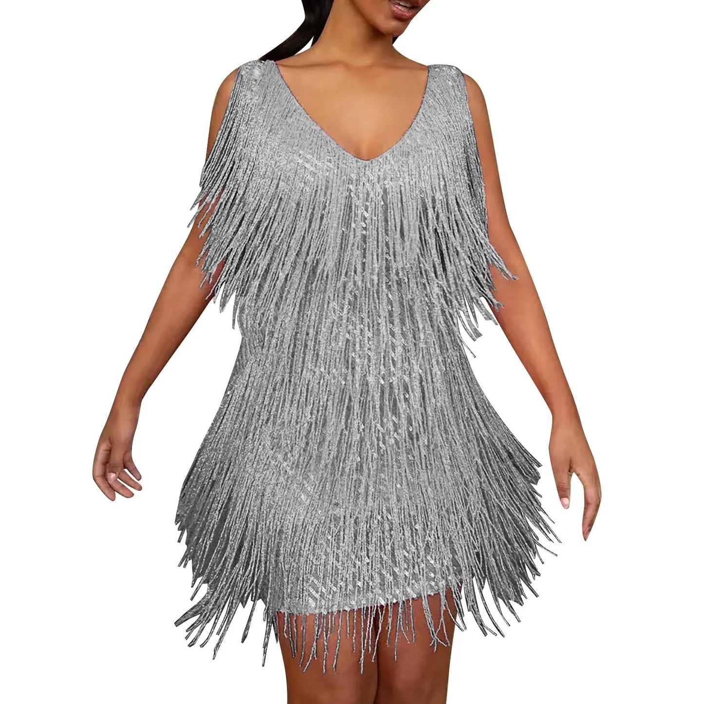 Sequin Suspenders Fringe Mini Dress Women  Solid Color Cocktail Party Bodycon Elegant Slings Tassel