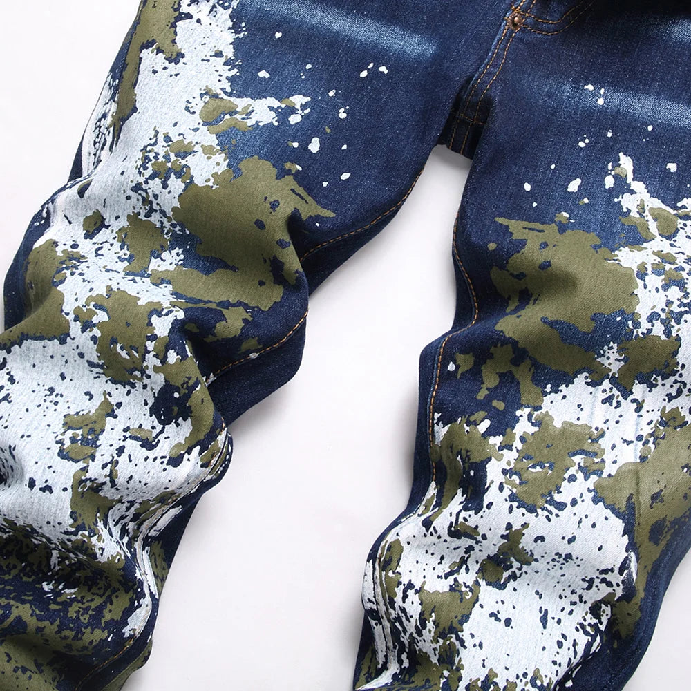Painted Stretch Denim Jeans Streetwear Slim Tapered Pants Button Fly Blue Cotton Trousers