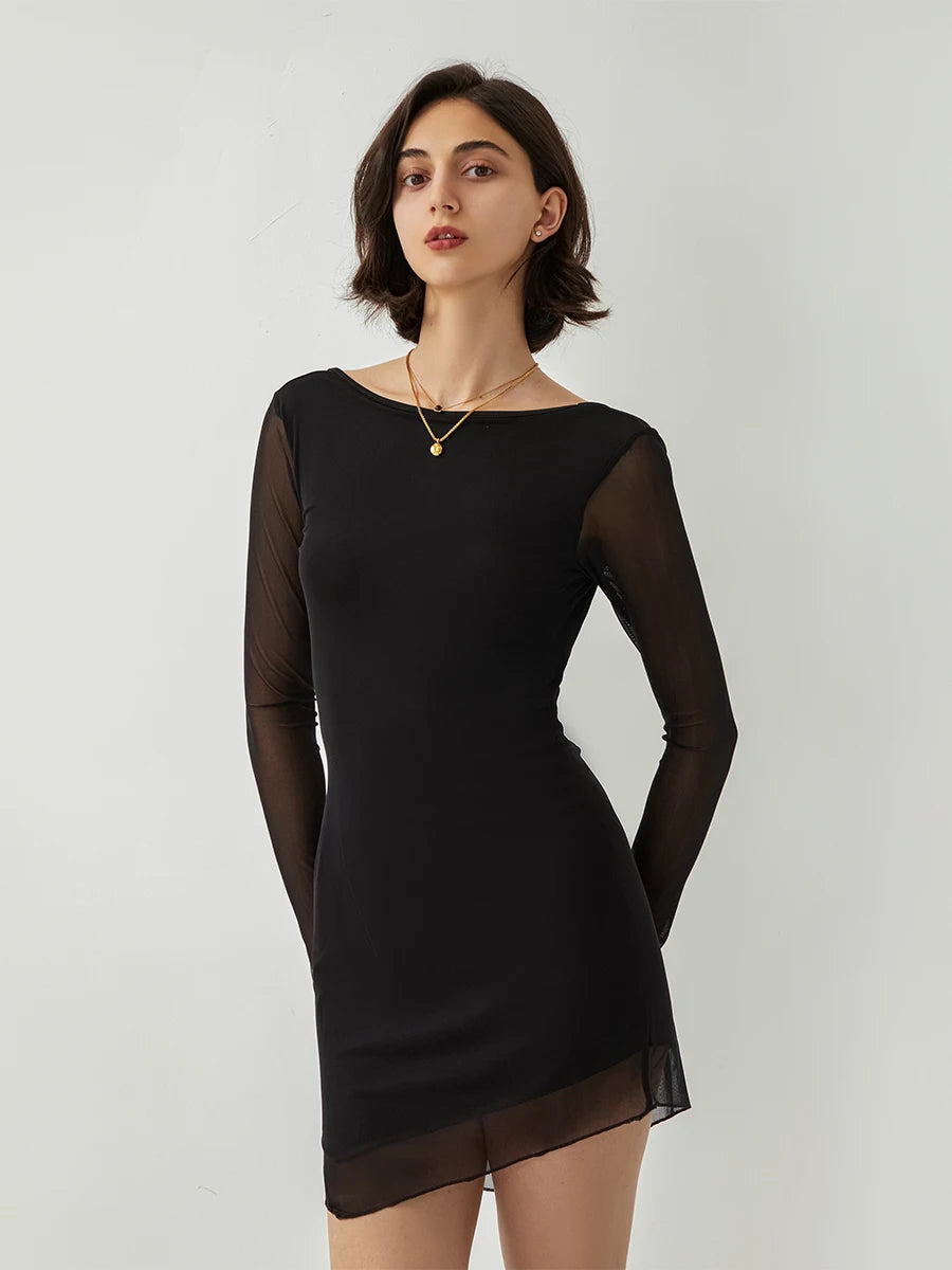 Mesh Dress Casual Long Sleeve Patchwork Backless Party Mini Dress