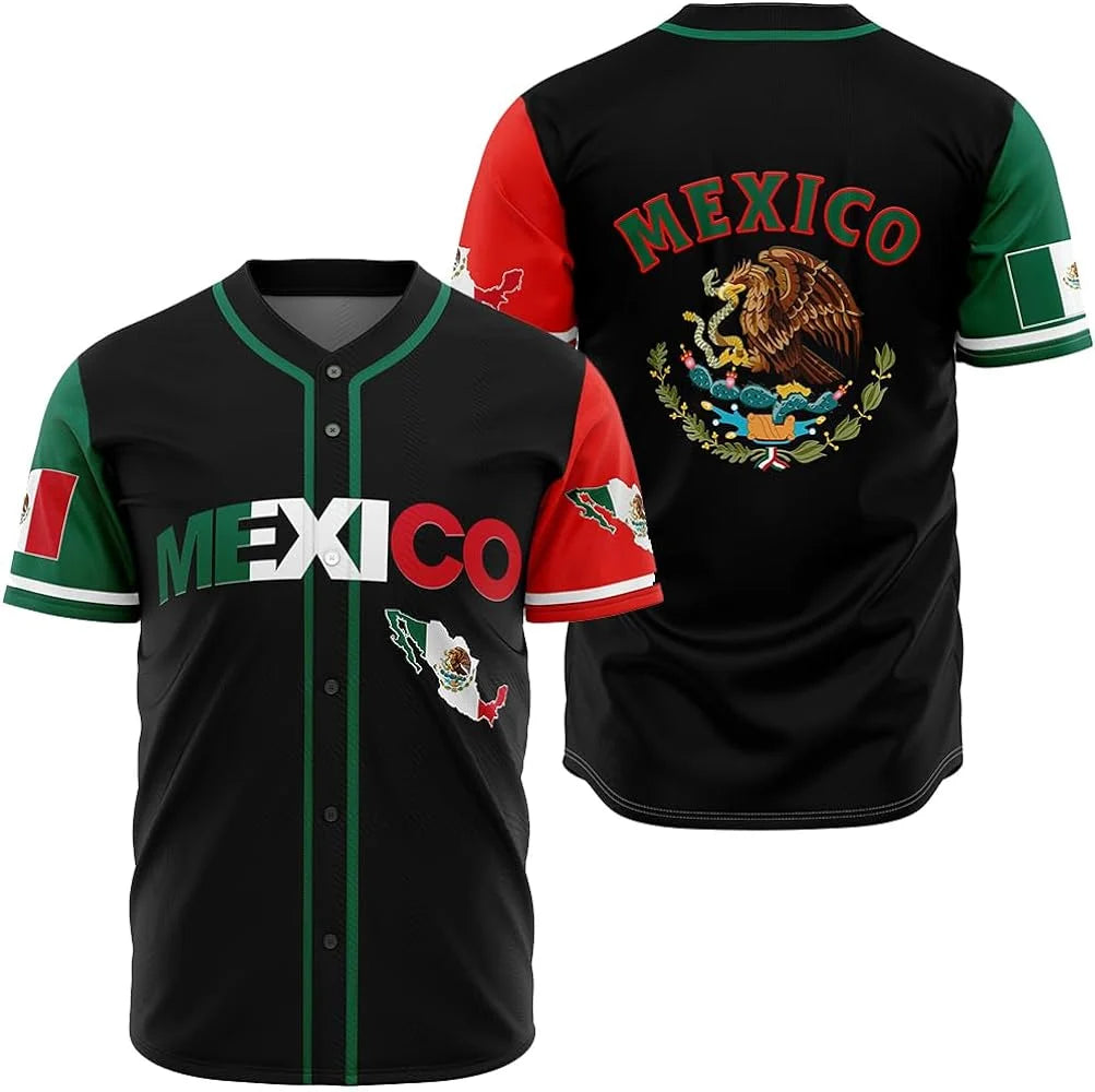 Mexico Flag Badge Baseball Jersey Men's Women's Short Sleeve Jersey Men's Oversize Streetwear Short Sleeve Sports