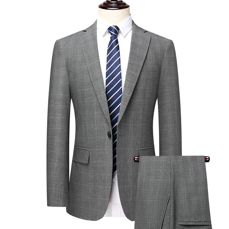 Men's Checkered Business Casual Suit Two-Piece Set Polyester Wedding Trend Handsome Boutique Suit + Trousers