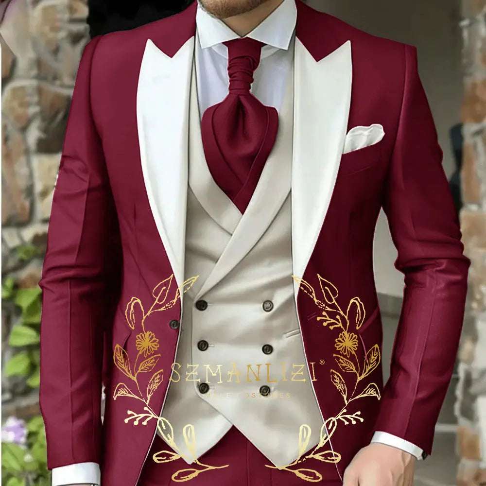 Classic Men's Suit 3 Piece Tuxedo Peaked Lapel Groomsmen Wedding Suits Set Fashion Men Business Blazer Pants Vest