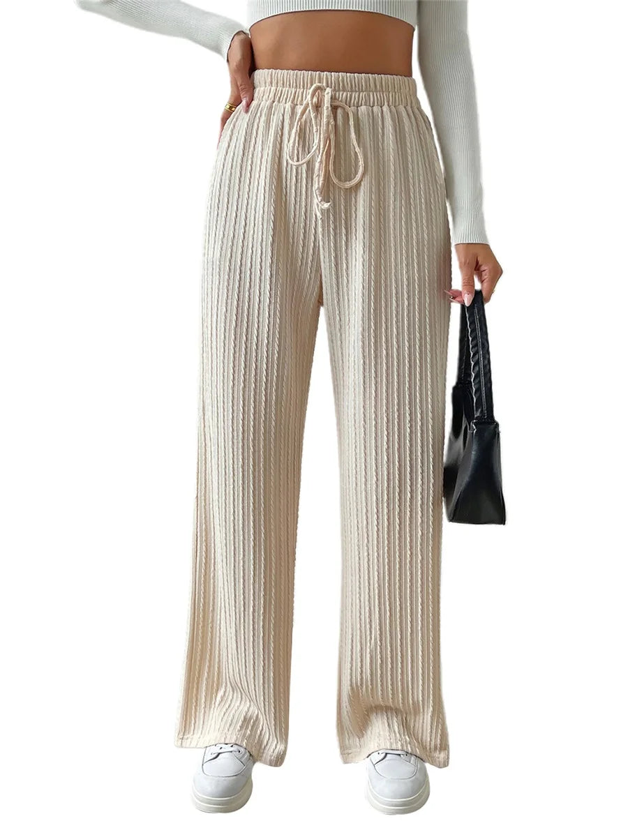 Elegant Ribbed Knit Palazzo Pants with Chic Drawstring High Waistband Comfy Wide Leg Trousers for Women s Casual Wear