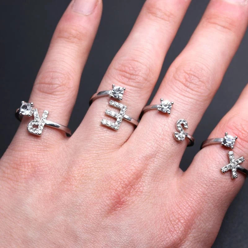 Shining Rhinestone 26 Letters Adjustable Rings  Initial A-Z Alphabet Opening Ring