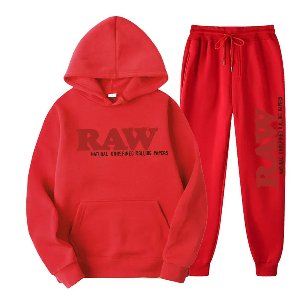 Men's Set RAW  Running Hoodie Sweatpants Men's Set 2PK Autumn Winter Casual Woolen Sportswear