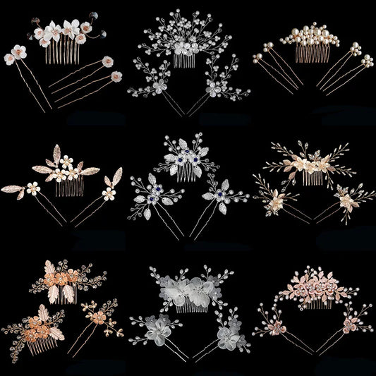 Luxury Pearls Flower Hair Comb Hair Pins Clips Set Cute Hair Fork Headpieces for Women Jewelry Gift Hair Accessory