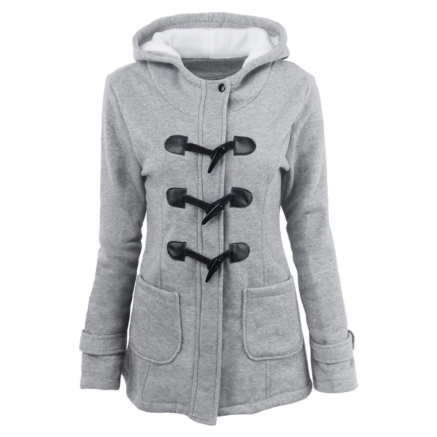 Padded Women Solid Color Hooded Overcoat  Horn Buttons Warm Cardigan Overcoat Jacket