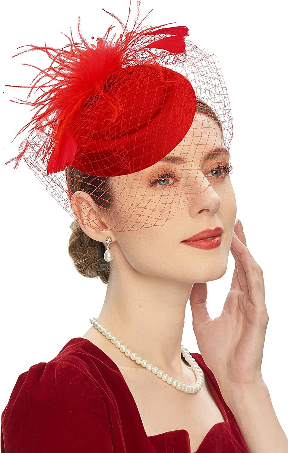 Women's Felt Fascinator Hat Fishnet Veil Small Plush Wave Point Decor Hair Clips Cocktail Headwear Fascinator