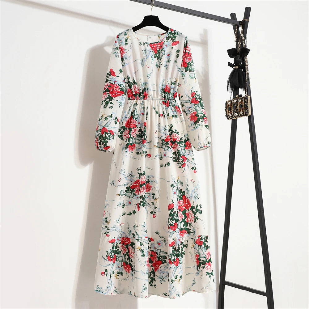 Spring Summer Women Maxi Dresses Casual Full Sleeve Floral Printed O-neck Woman Boho Beach Party Long Dress