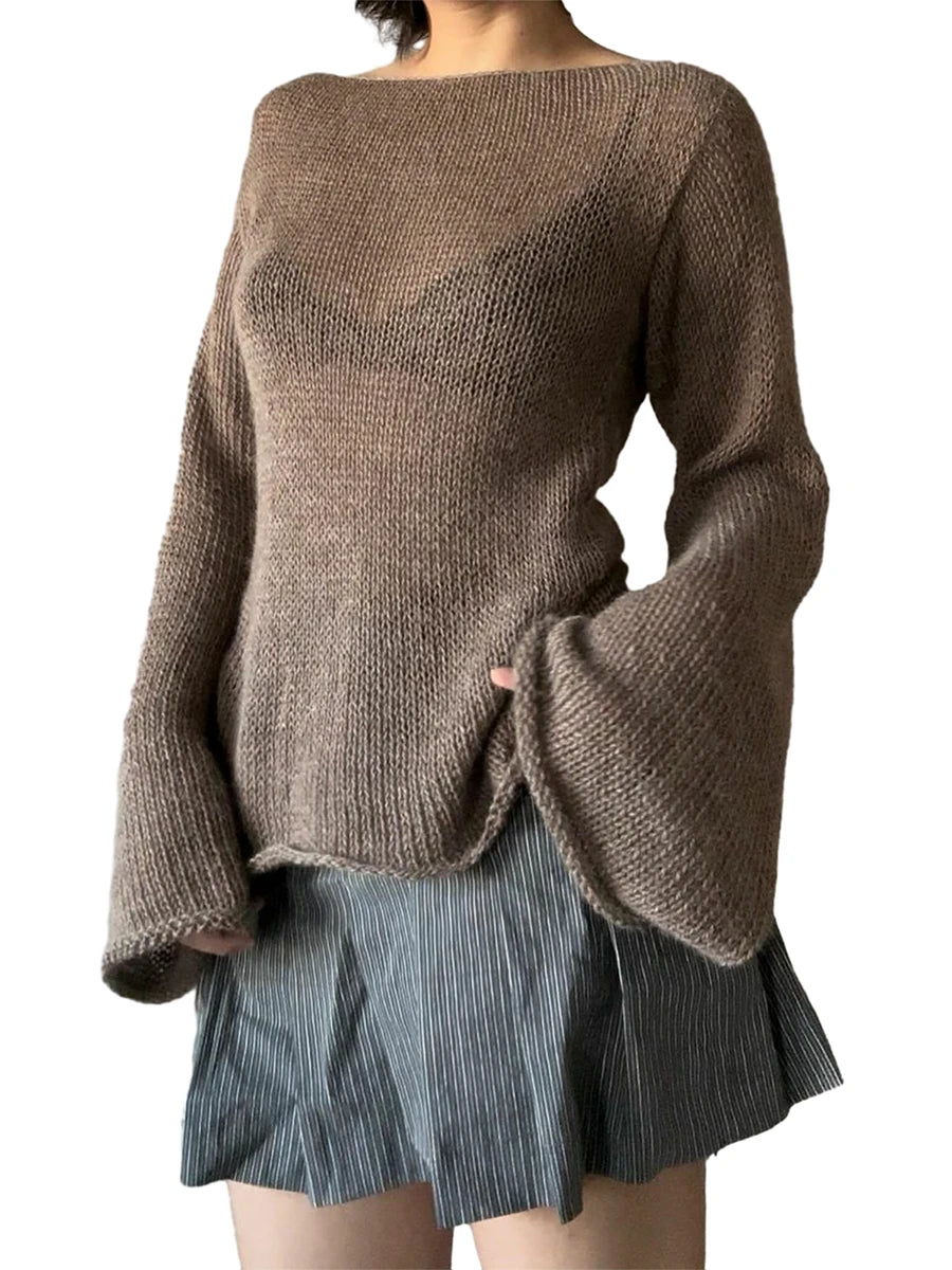 Fashion Women's T-shirt Tie Back Sweaters Long Sleeve Boat Neck Solid Color Knit Pullover Casual Tops Streetwear