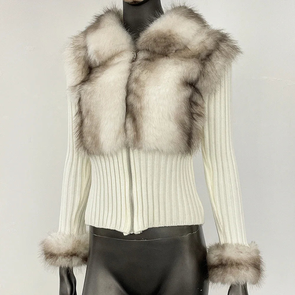 Faux Fur Sweater Crop Cardigan Designer Knitwear Knitted Sweater Women Long Sleeve Cuddly Full Zip Aesthetic Vintage