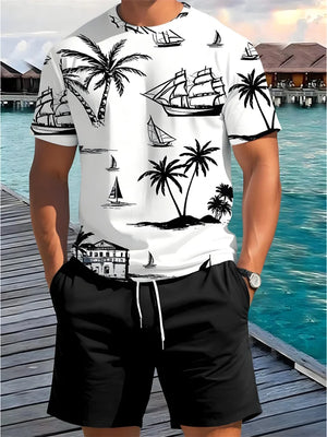 Summer Two Piece Casual Daily Men's Short sleeved Shorts Set Hawaii Printed Men's T-shirt Outdoor Sports Men's