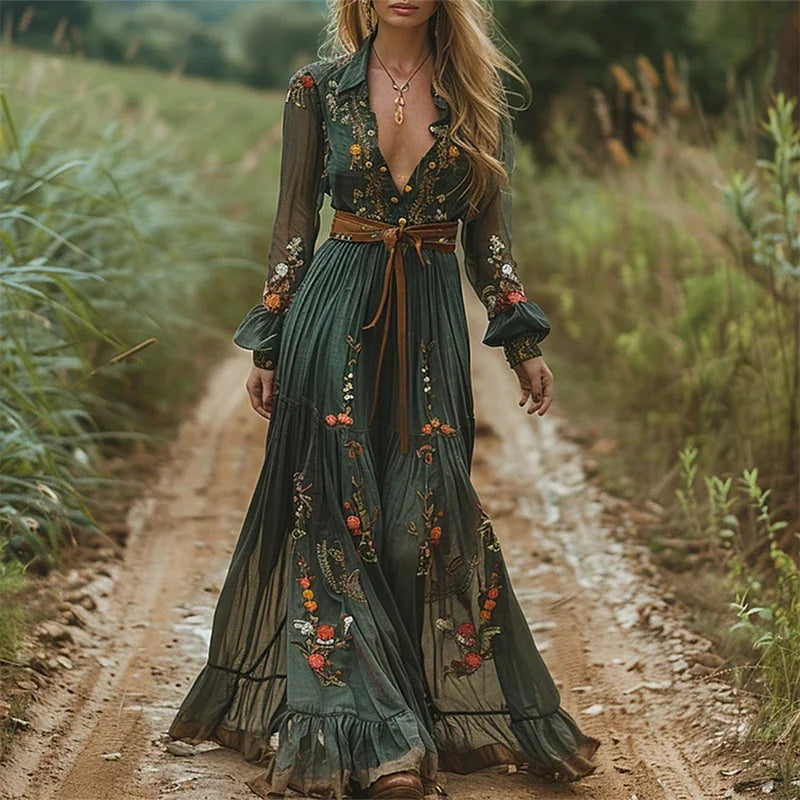 Vintage Pattern Printed Long Sleeve Dress Women Summer Sexy V Neck Pleated Long  Bohemian Style Lapel Spliced Maxi Dress