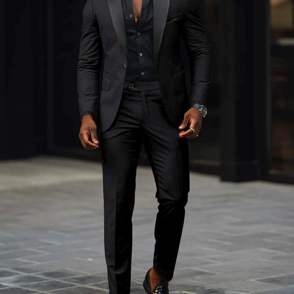 Men's Fashion Business Casual Two-piece, Comfortable and Breathable Slim-fit Side Slit Single-button Suit Jacket+trousers