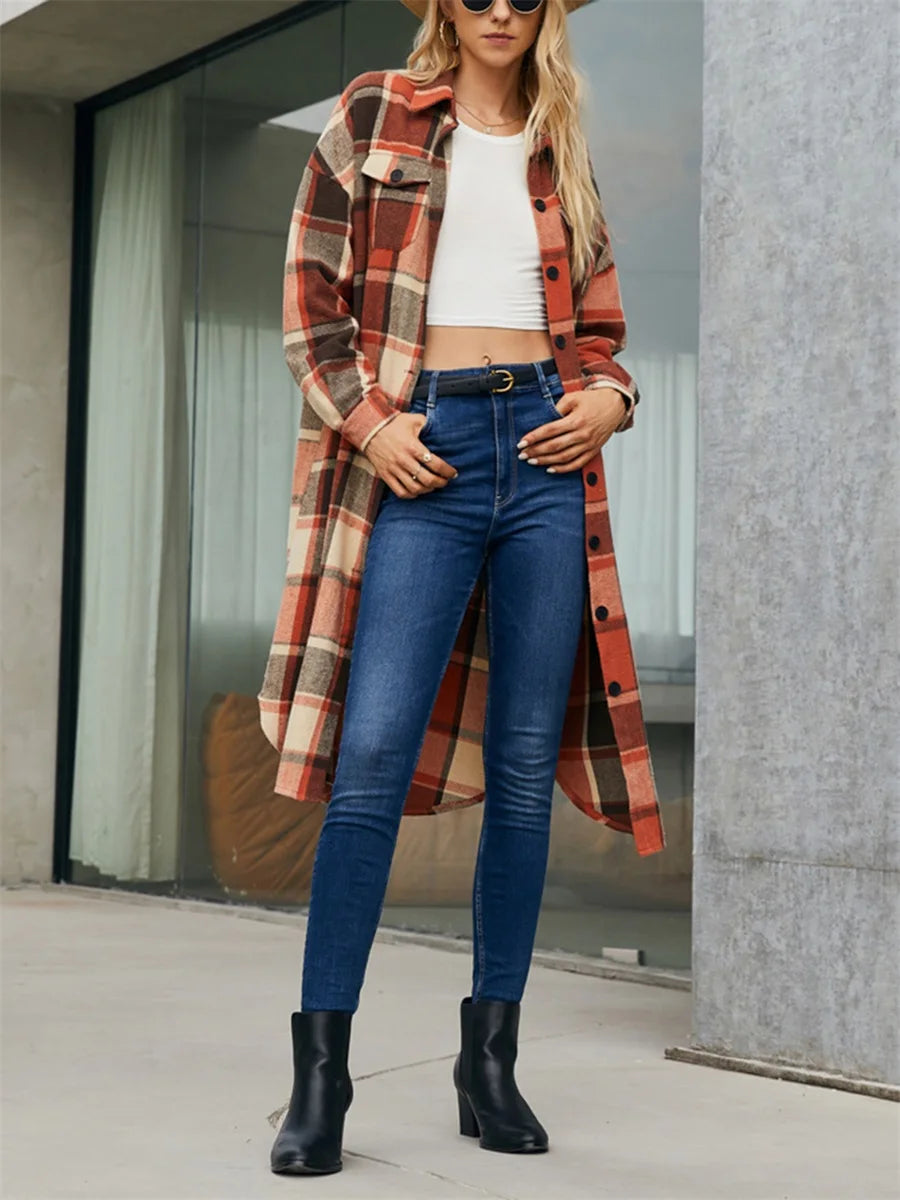 Plus Size Plaid Lapel Neck Long Sleeve Button Down Casual Streetwear Winter Jacket
