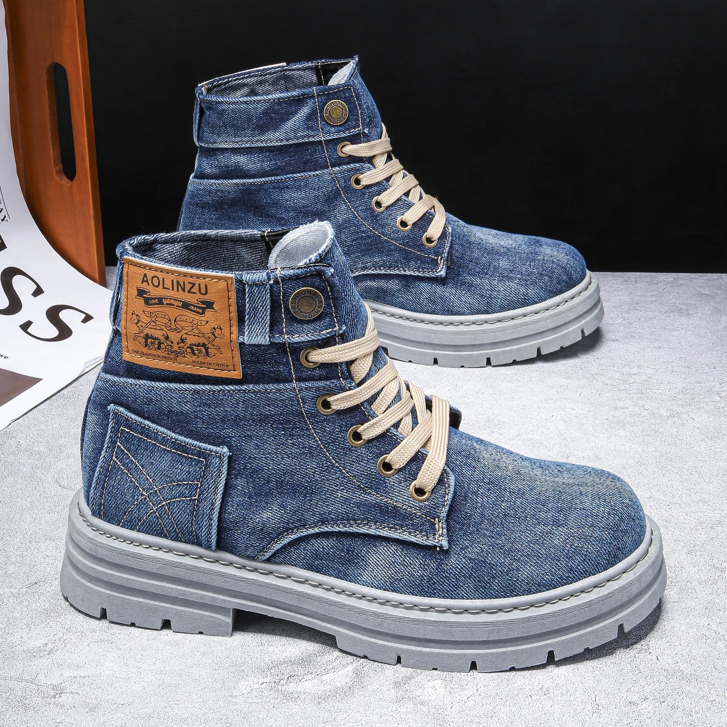 Retro Canvas Boots for Men Trendy Working Shoes High Top Men Ankle Boots Outdoor Street Style Platform Boots