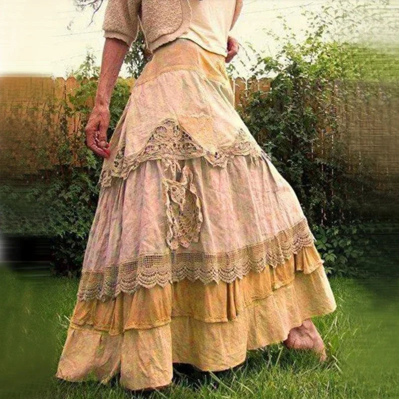 Vintage Ruffles  Maxi  Lace Long  Low Waist Prairie Chic Dropped Skirt
