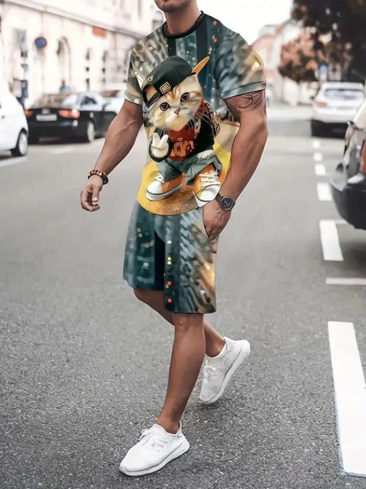 Hip Hop Style Personality Cartoon 3D Printed Men's Round Neck Short Sleeve 2 piece Fashionable Street Sports All-match Men's Suit