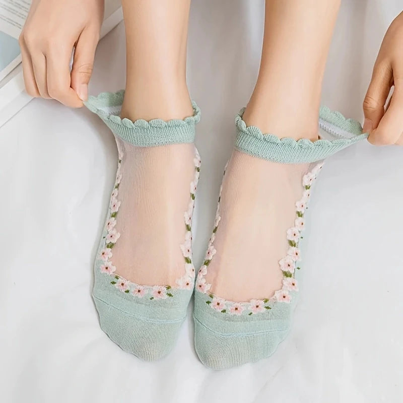 7 pairs of floral glass silk women's socks spring and summer thin crystal boat socks