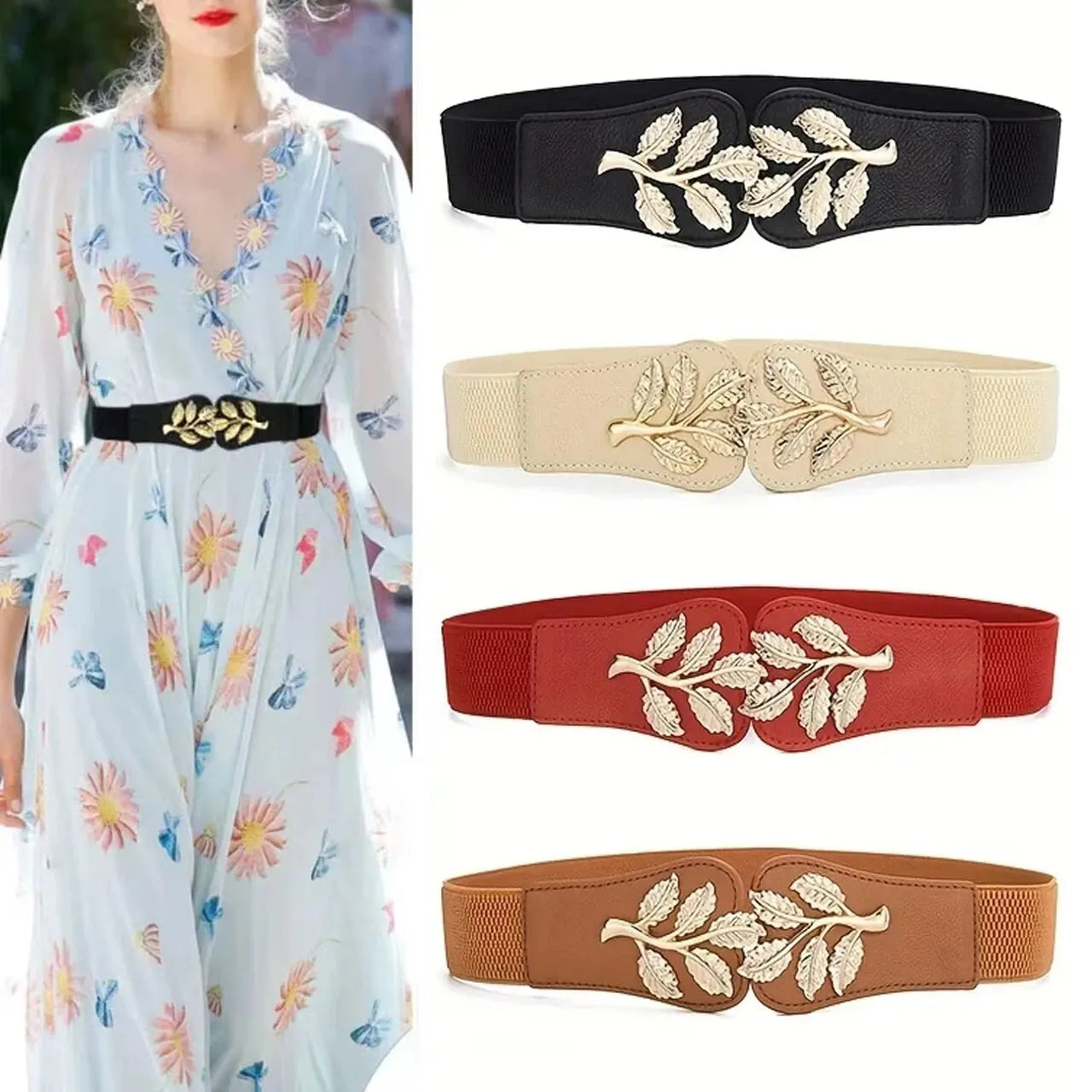Women's Belt Fashion Waist Cover Golden Leaf Elastic Waist Closure With Double Hook Buckle Wide Belts Paired With Skirt