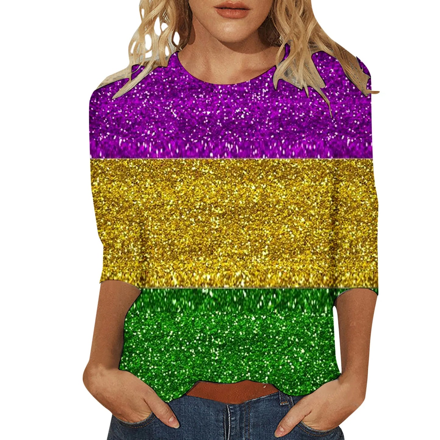 Carnival Printed Women Casual T-Shirts Spring Summer 3/4 Sleeve Round Neck Mardi Gras Clothing Plus Size Festival Party Tees Top