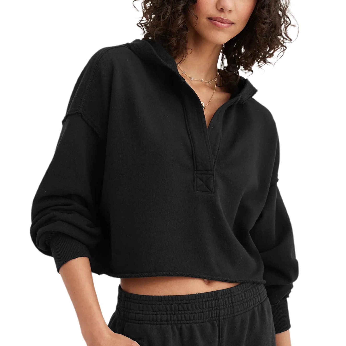 Women's Spring Autumn Hooded Sweatshirt Long Sleeve Solid Color V Neck Crop Hoodie