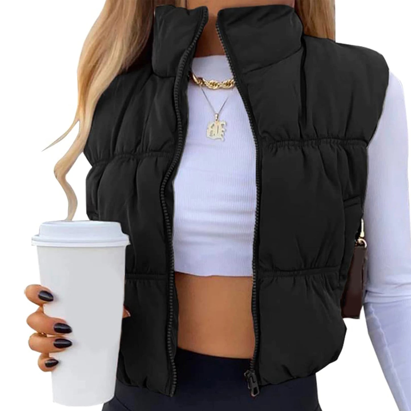 Quilted Waistcoat Solid Color Lightweight Zip Stand Collar Winter Vest Sleeveless Jacket