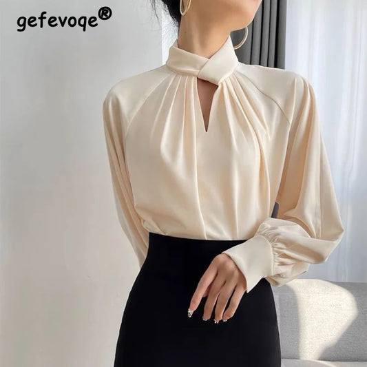 Hollow Ruffled Elegant Blouse  Stand Collar Business Casual Long Sleeve