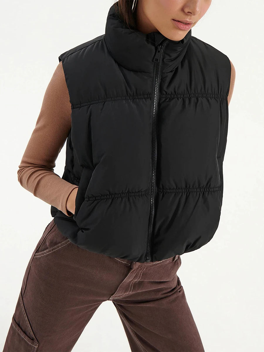 Quilted Waistcoat Solid Color Lightweight Zip Stand Collar Winter Vest Sleeveless Jacket