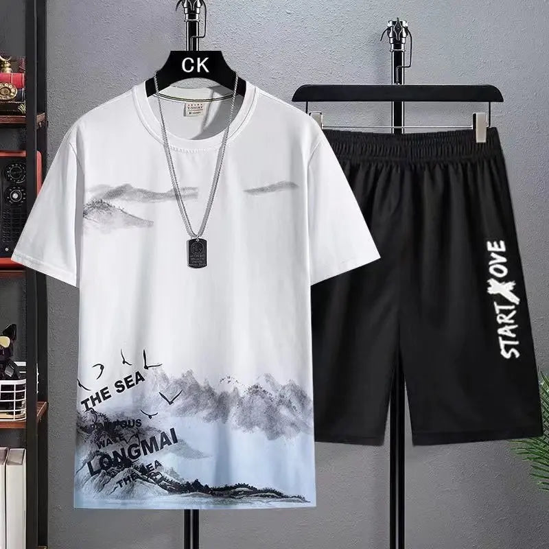 Summer Men's Sports Set Breathable Basketball T-shirt and Shorts Two Piece Set 2-Piece Set Shirt Men's Lightweight