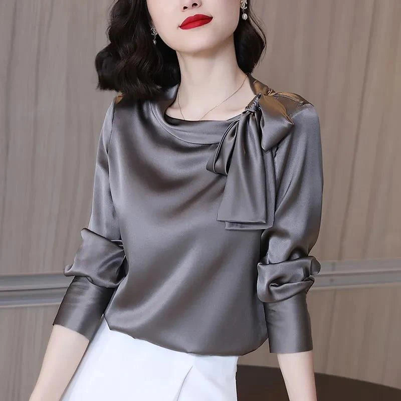 Summer Autumn Office  Satin Solid  Bow Shirt Long Sleeve
