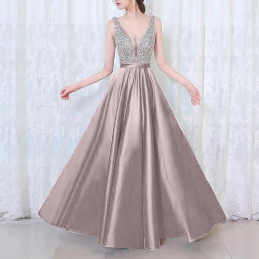 Fashion Sexy V-neck Sequin Evening Dress Women's Elegant Sleeveless High Waist Swing Hem Sparkly Dress Female Prom Dresses