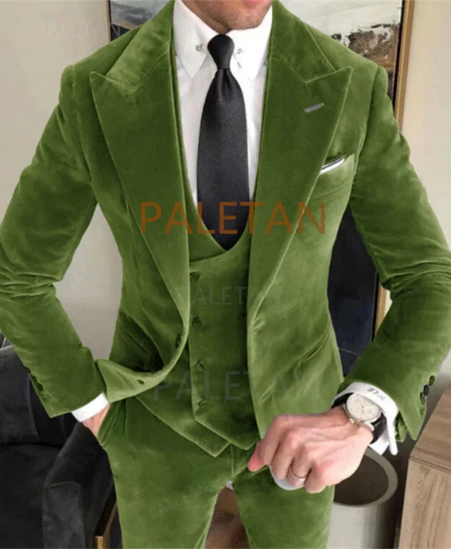 Business Velvet Blazer Sets Men's Suits Elegant Formal 3 Pieces Outfits Jacket+Pants+Vest