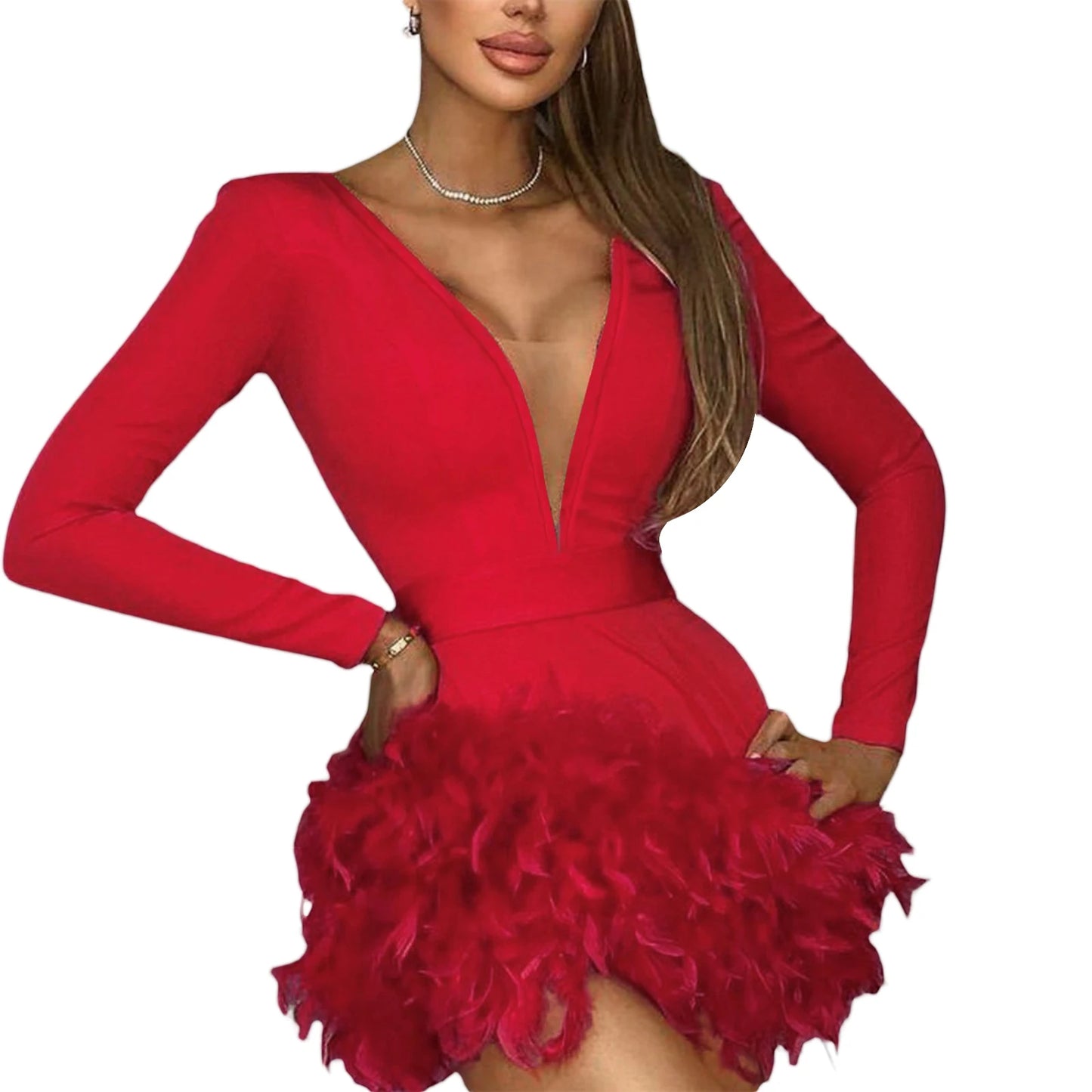 V-Neck Lace Bodycon Dress with Ruffle Trim Long Sleeve