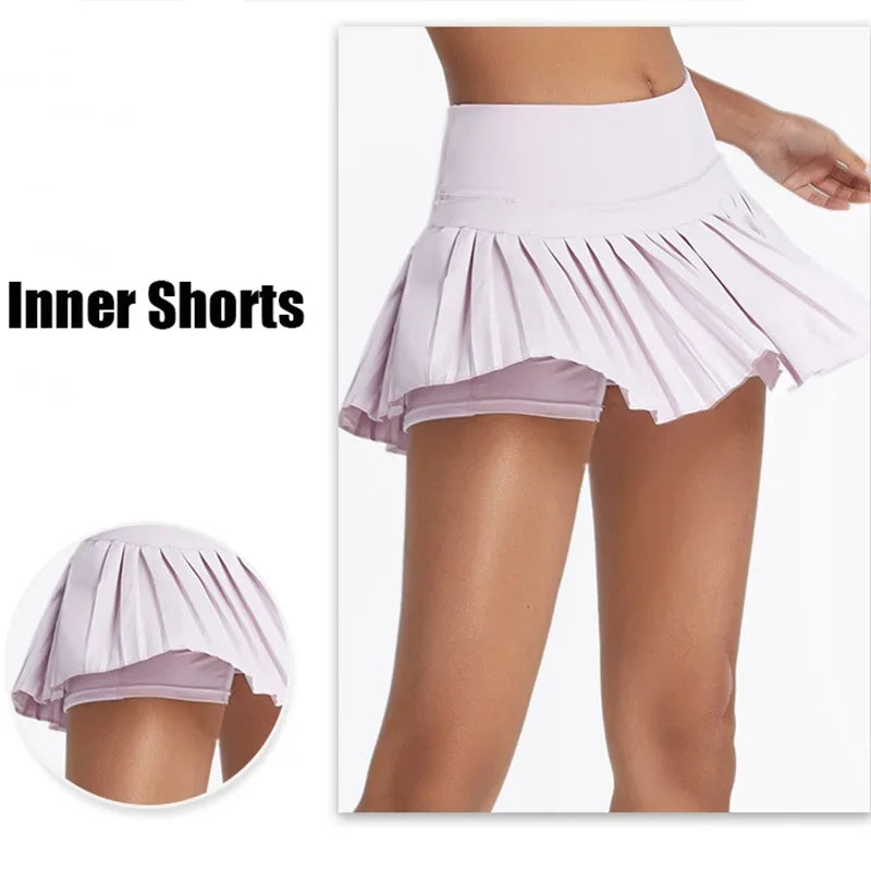 Safe Tennis Skirts XS-XXL Gym Golf Running Pleated Pant skirt Women Sports Fitness Shorts Pocket High Waist Skort