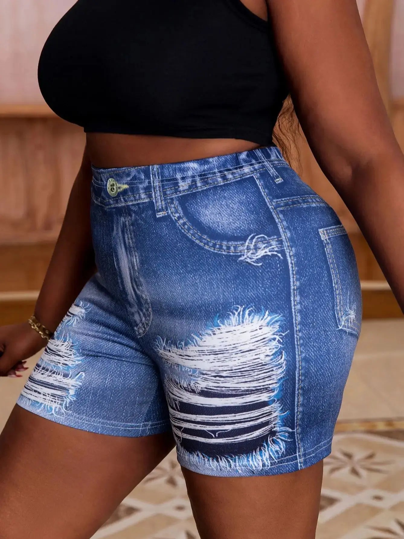 Plus Size Women's Denim-Look Printed Shorts Trendy Ripped Effect Comfortable Tight Fit Casual Chic Summer