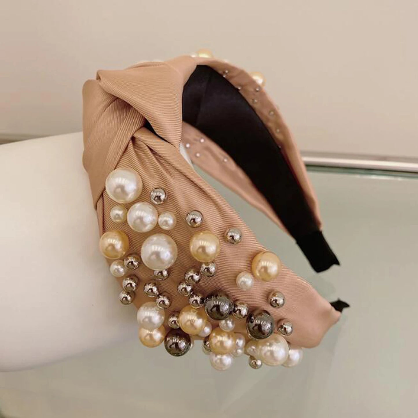 Fashion Women Hair Accessories Wide Side Headband Mix Pearls Baroque Hairband For Adult Center Knot Headwear