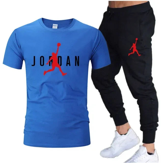 Summer Men's Tracksuit Suit Brand Short Sleeve T-Shirt + Trousers 2-Piece Sets Fitness Jogging Sports Pants Sportswear Suit