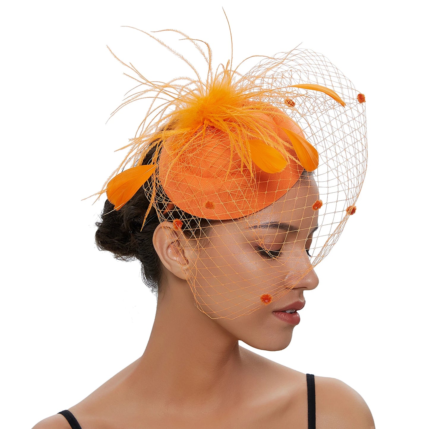Women's Felt Fascinator Hat Fishnet Veil Small Plush Wave Point Decor Hair Clips Cocktail Headwear Fascinator