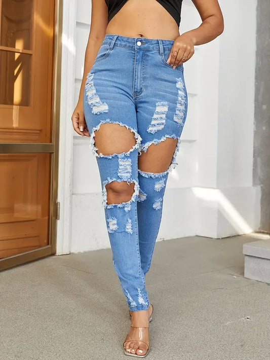 Women Casual Ripped Skinny Jeans Pocket  Stretchy Denim Pants