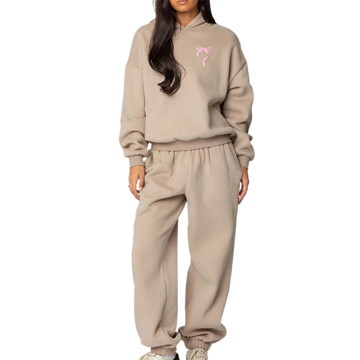 Women s 2 Piece Stylish Outfits Long Sleeve Bow Embroidered Sweatshirt Solid Color Jogger Pants Sets for Casual Wear